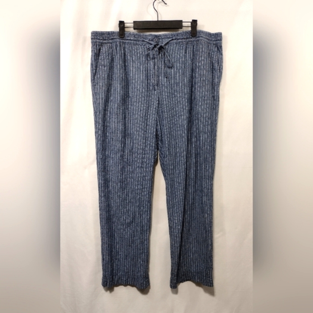 Talbots Stripped Linen Blend Pants Women's 18W Blue Retro Coastal Y2K Casual